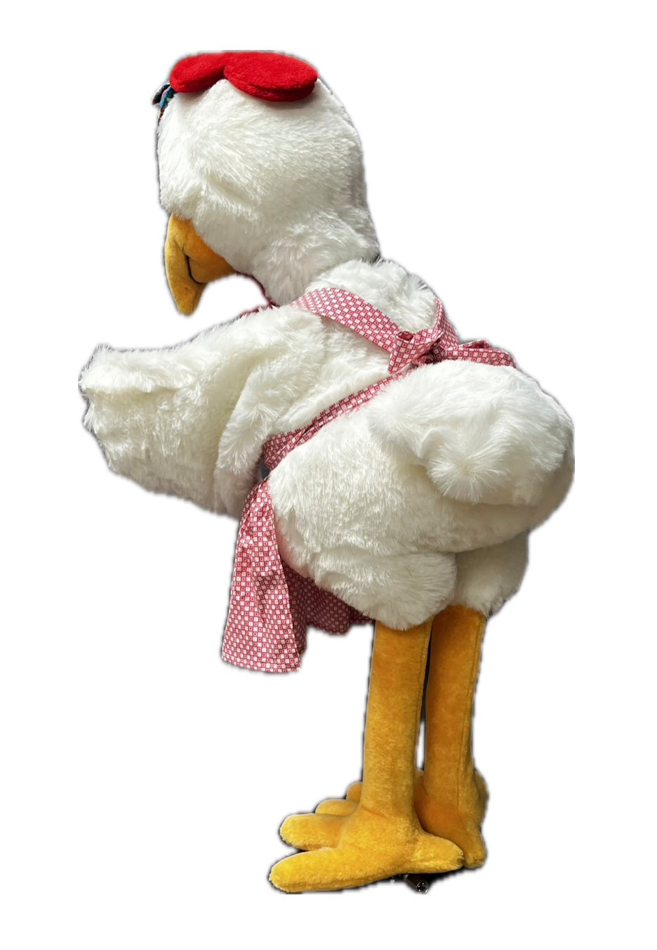 Huhn mit rosa Schürze und Ei