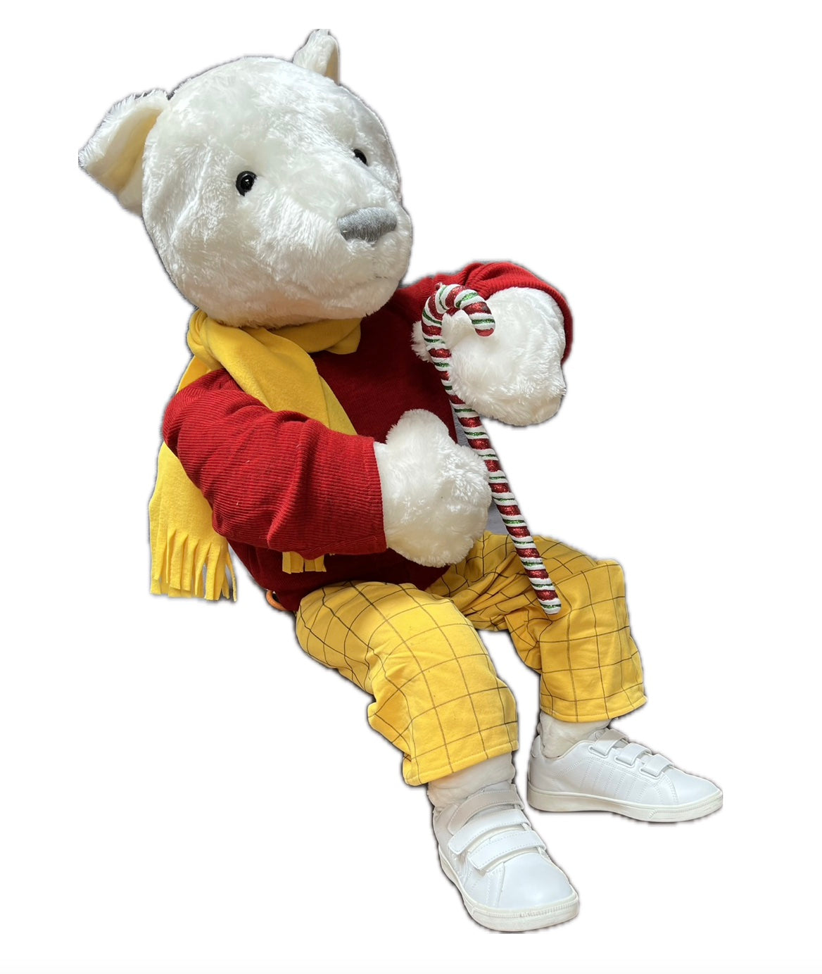 Eisbär 100 cm mit rotem  Pulli und gelber Hose