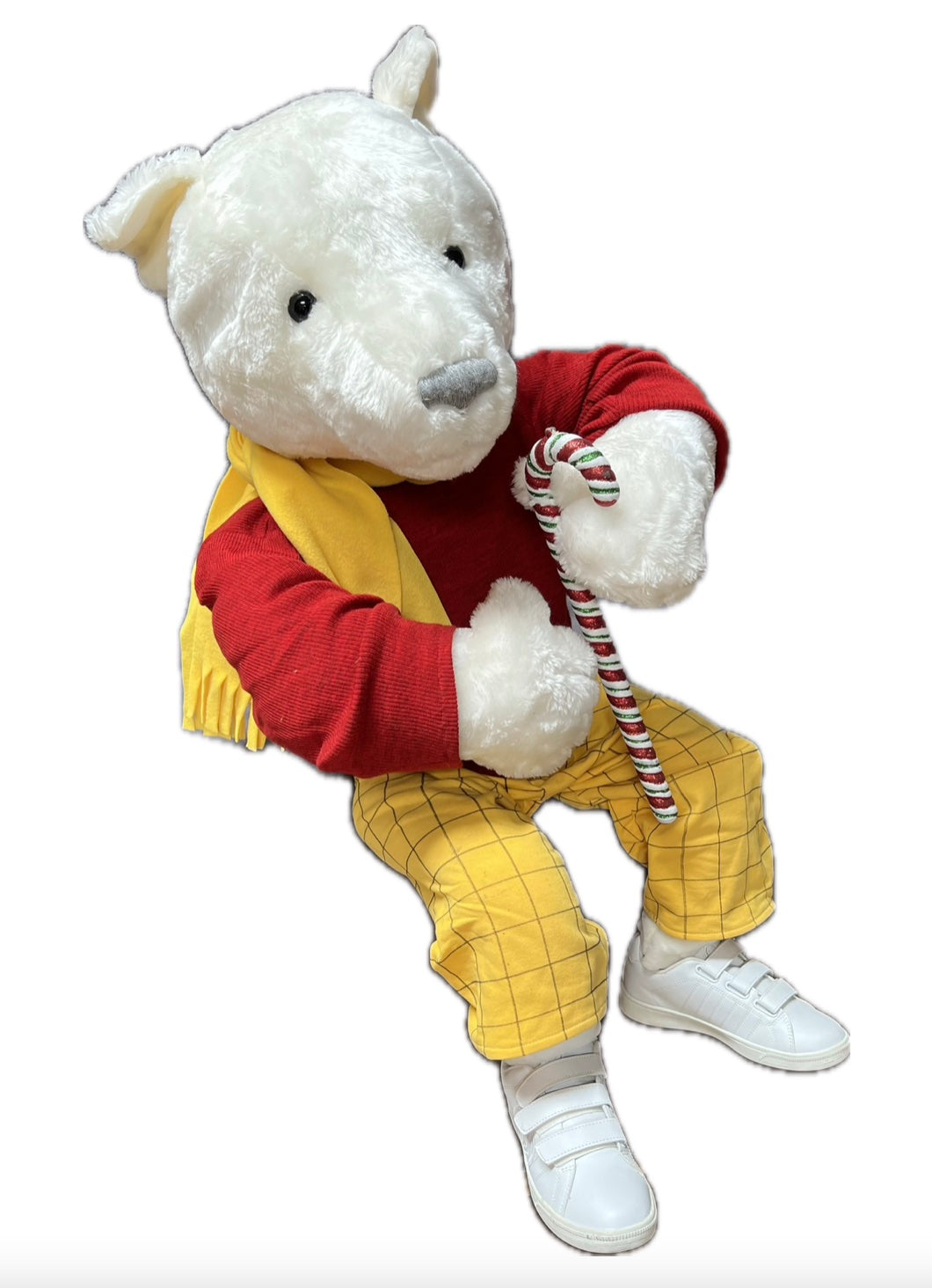 Eisbär 100 cm mit rotem  Pulli und gelber Hose