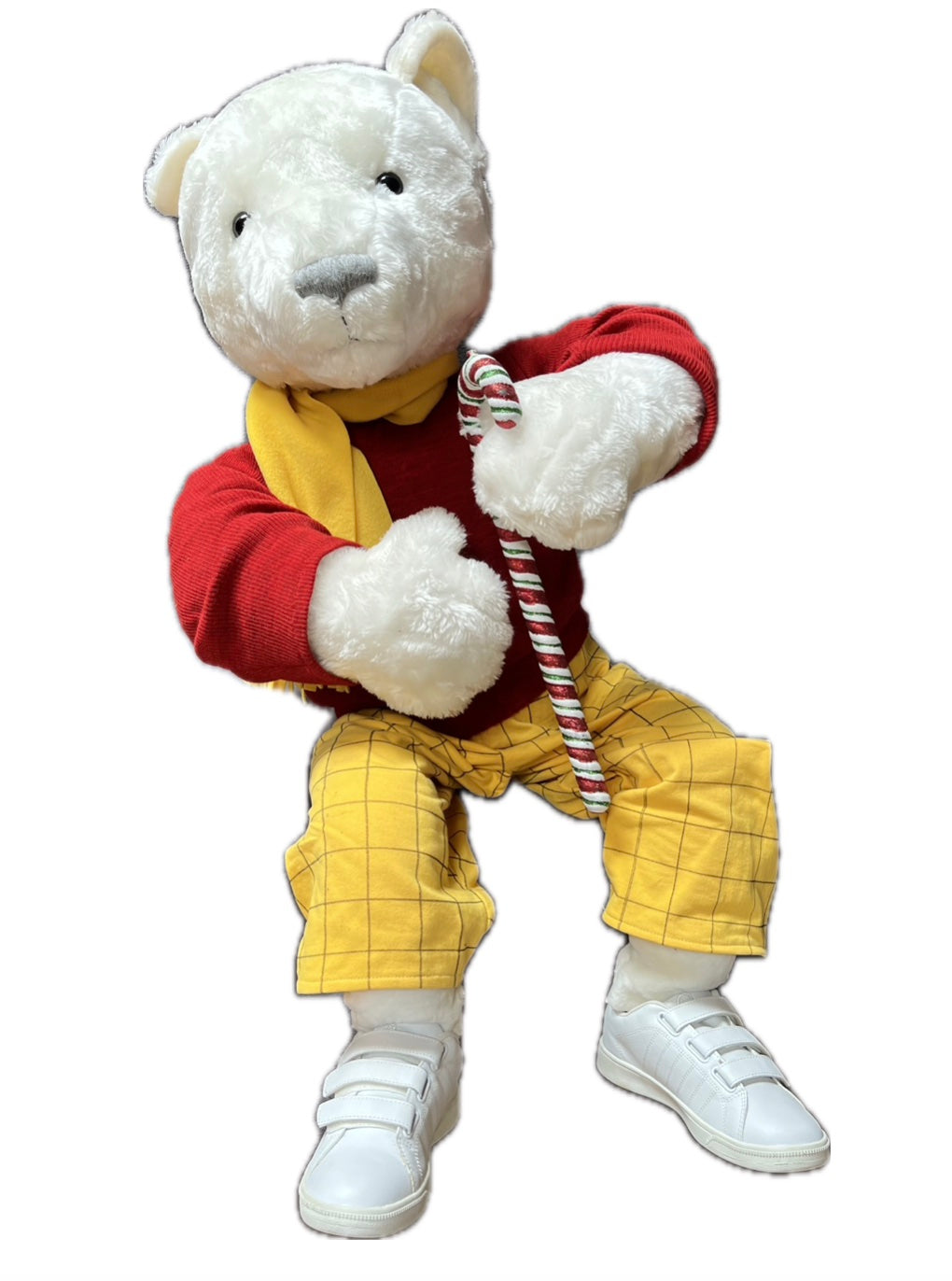 Eisbär 100 cm mit rotem  Pulli und gelber Hose