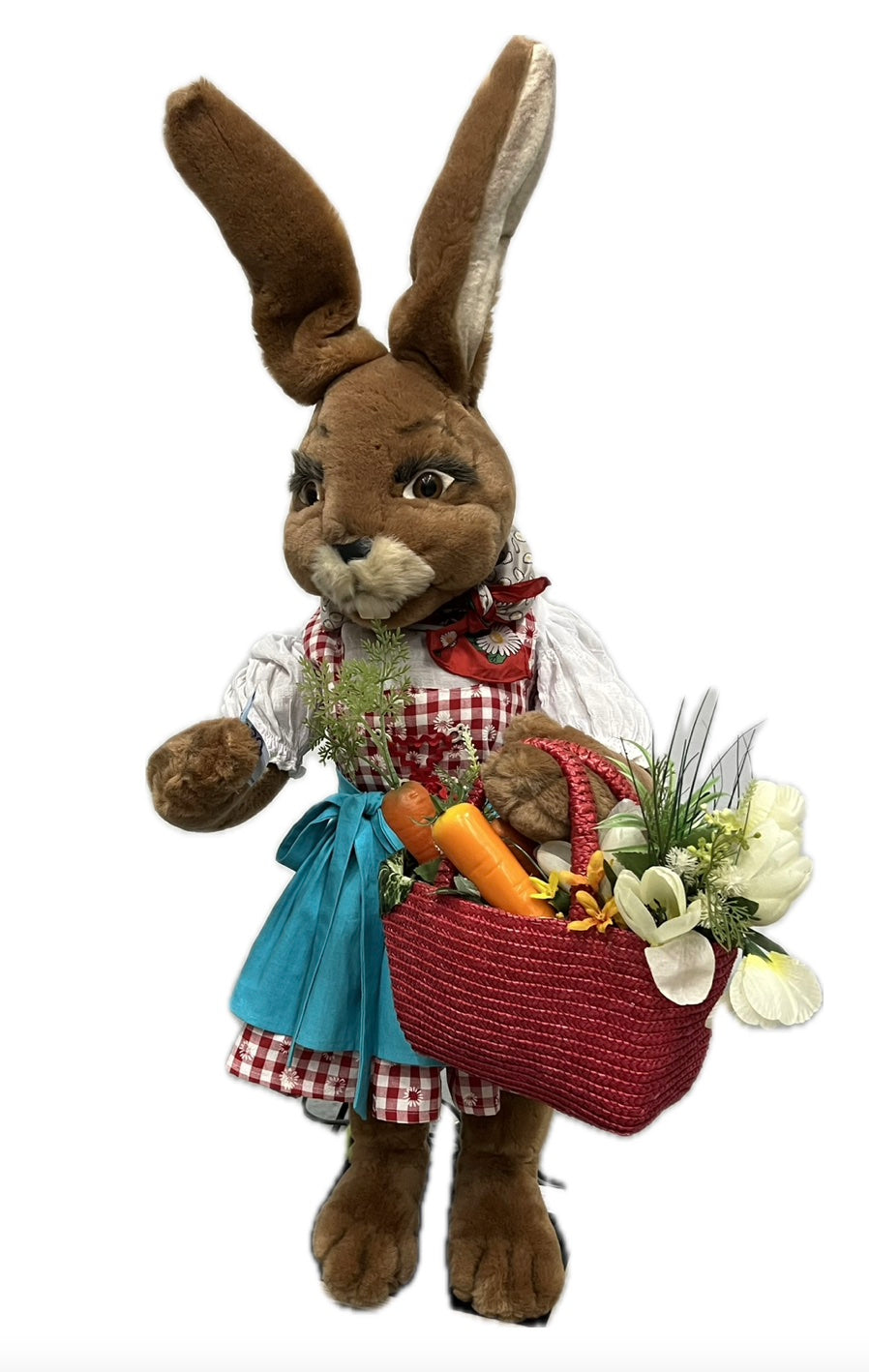 Häsin mit Gemüse im Einkaufskörbchen