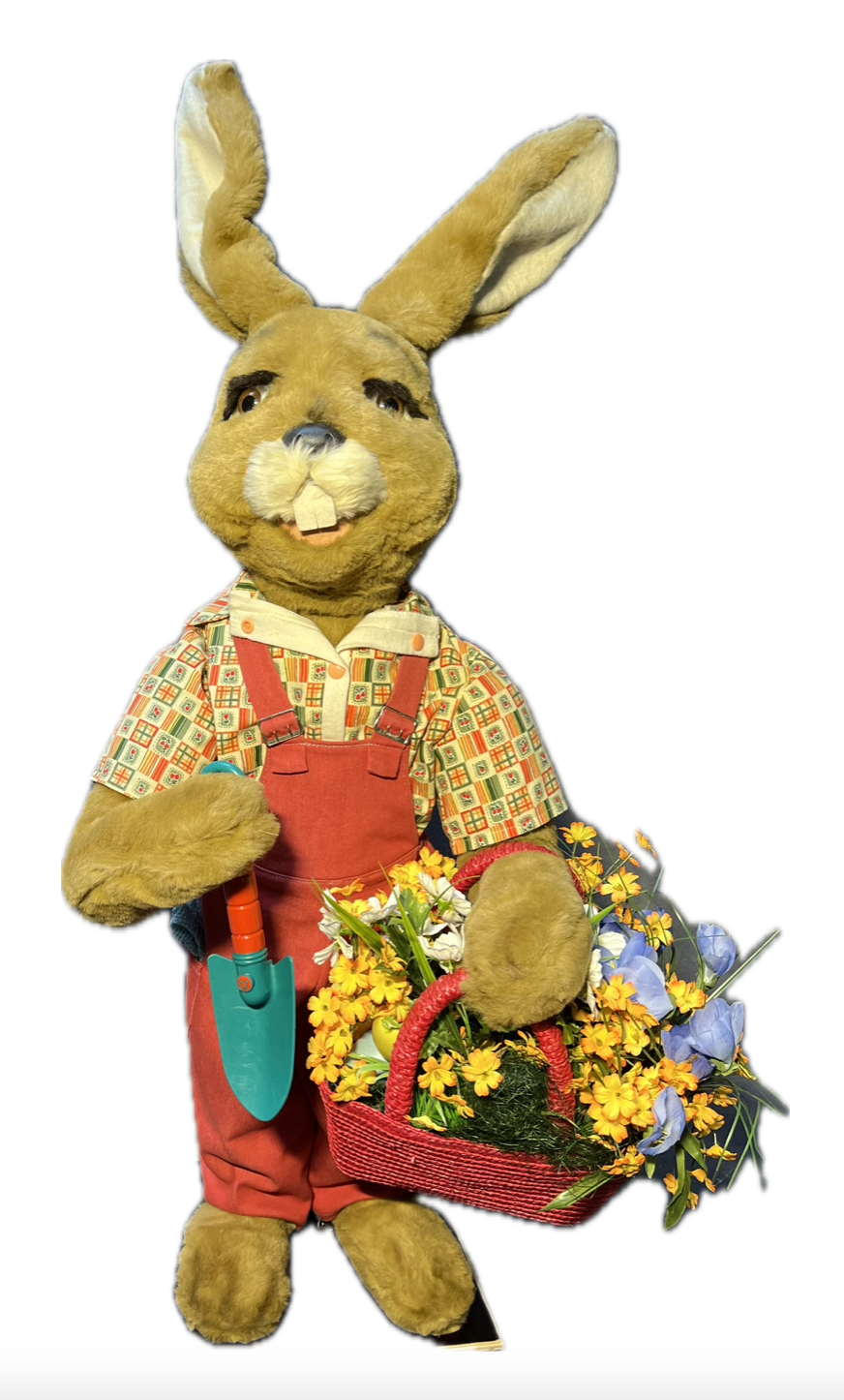 Hase mit Pflanzschaufel und Blumenkorb
