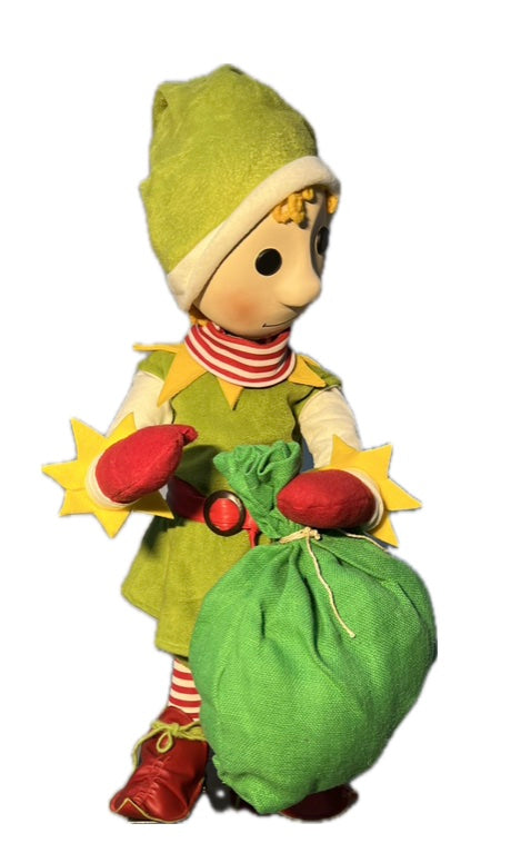 Elf mit Knopfaugen und  Geschenksack