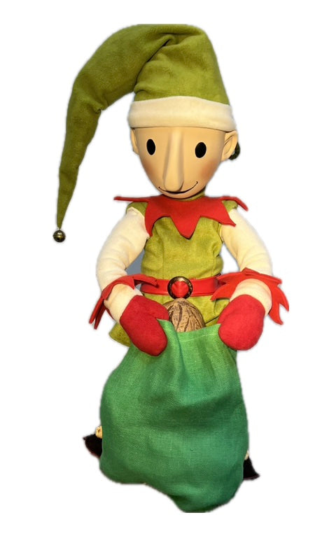 Elf mit Knopfaugen und mit großem Jutesack (Weihnachtsbäckerei)