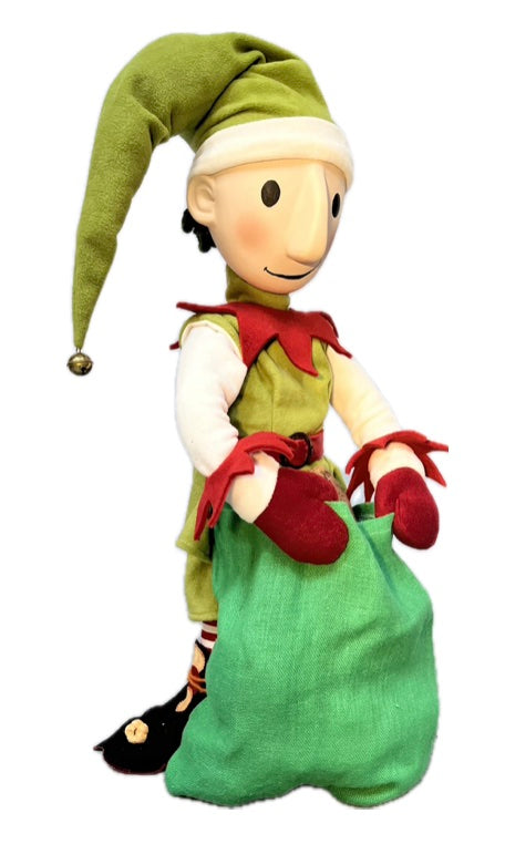 Elf mit Knopfaugen und mit großem Jutesack (Weihnachtsbäckerei)