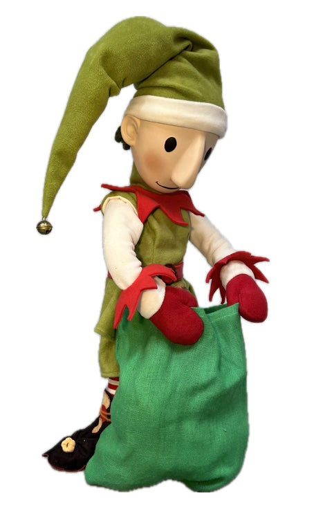Elf mit Knopfaugen und mit großem Jutesack (Weihnachtsbäckerei)