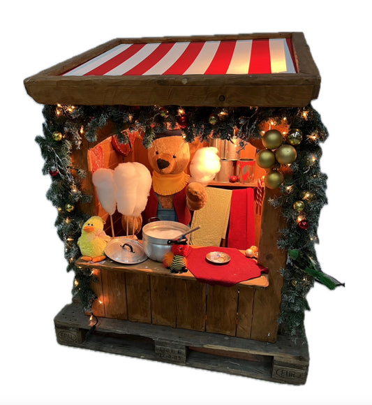 Dekorations-Marktstand Zuckerwattenverkauf mit Teddybär als Betreiber